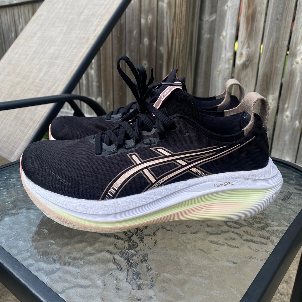 ASICS Gel-Nimbus 27 Womens Running Shoes Size 8.5 Black Rose Gold 1012B753 Gym